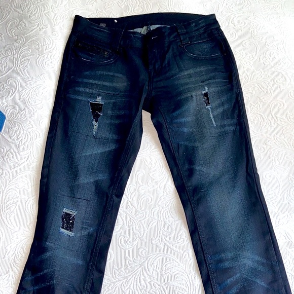 Buffalo LowRise Rocker black Stretch straight leg Jeans 28 rips black rhinestone - Picture 1 of 9